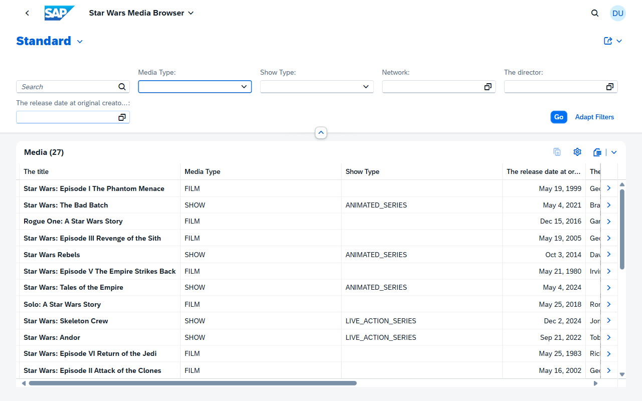 Media Browser app showing the list of Star Wars shows and films