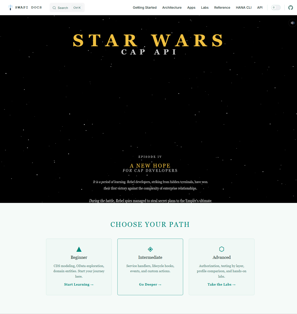VitePress documentation site homepage with Star Wars opening crawl animation