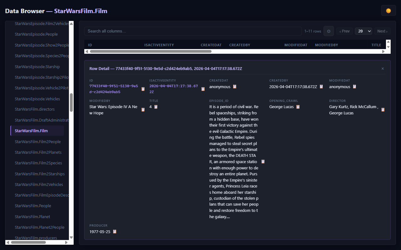 Viewer app with detail panel open showing film details