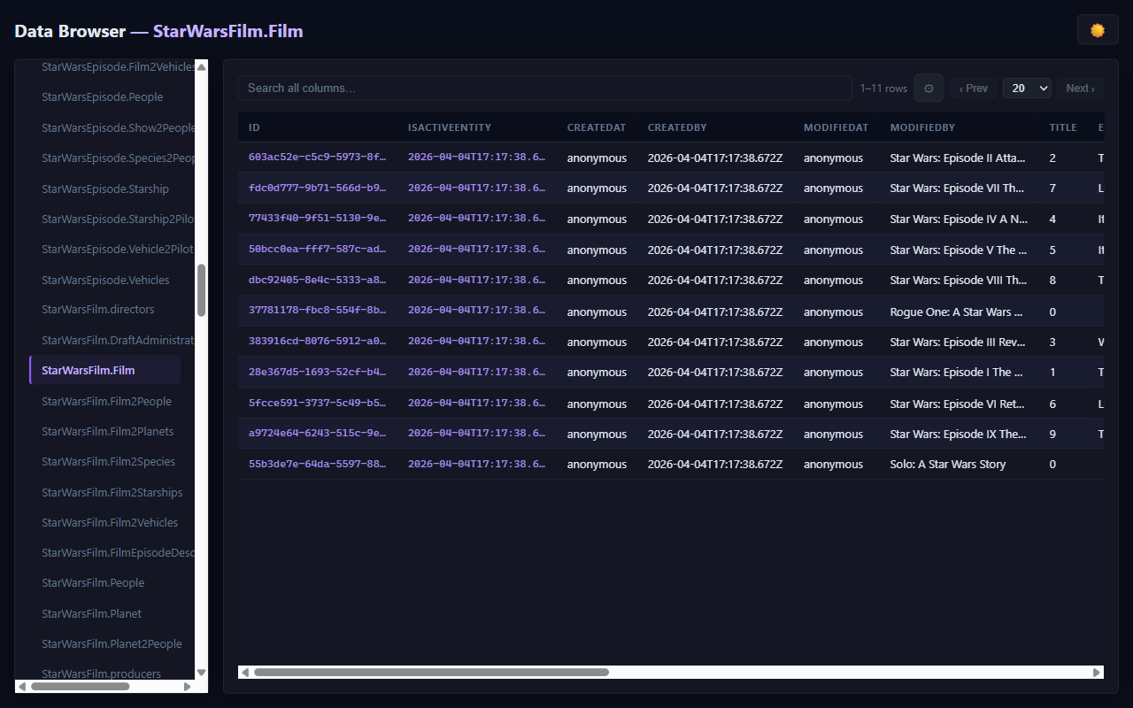 Viewer app in Galaxy dark theme showing list of Star Wars films