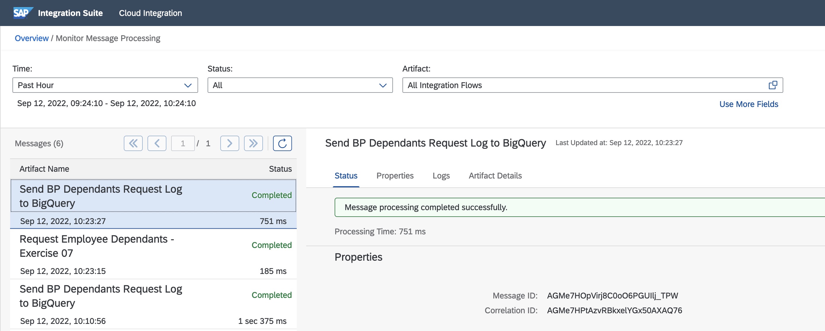 Processed Data Store entry - Send BP Dependants Request Log integration flow