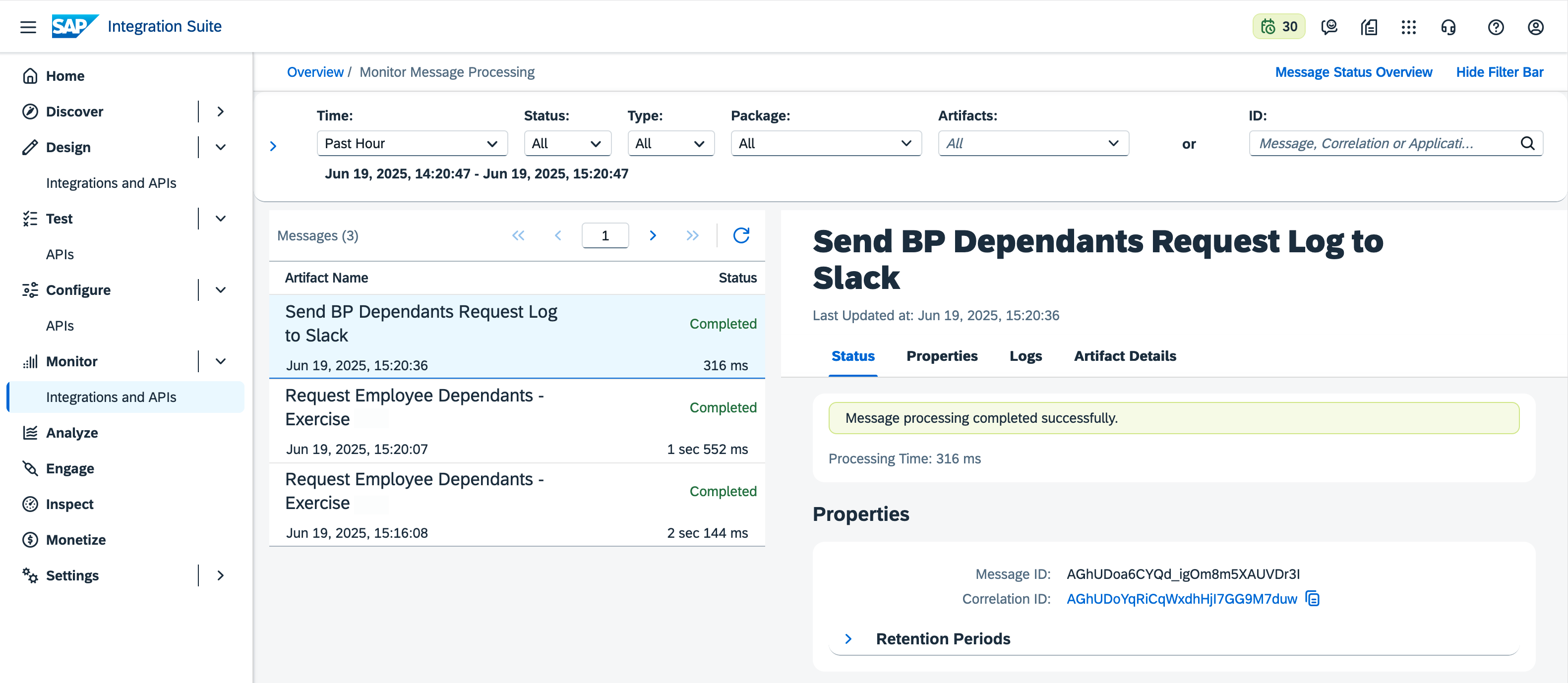 Processed Data Store entry - Send BP Dependants Request Log integration flow